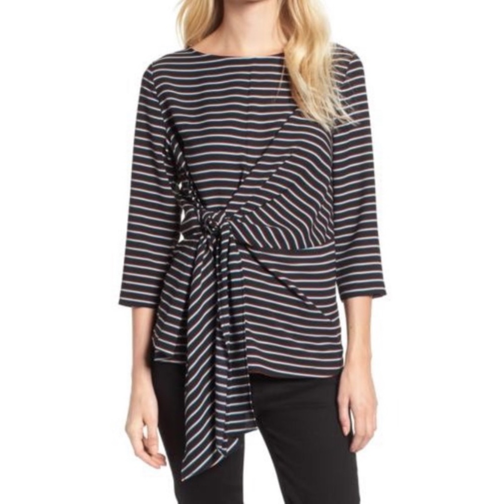 NWT Gibson Tie Front Striped Crepe Top Sz S